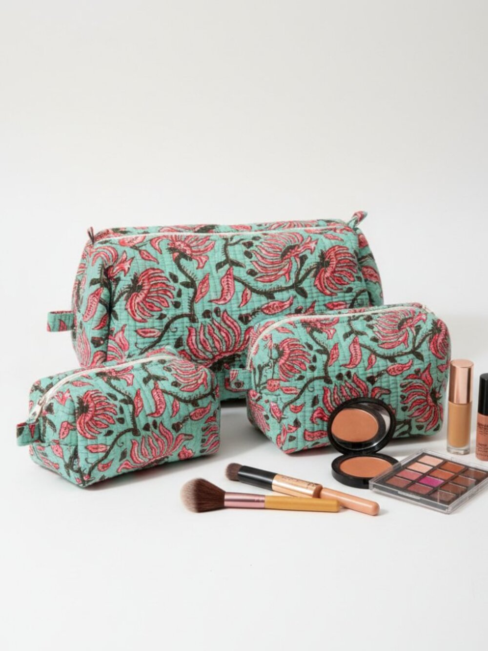 Set Of 3 Block Print Toiletry Bags, Cotton Makeup Bag, Cosmetic Bag Set Gift